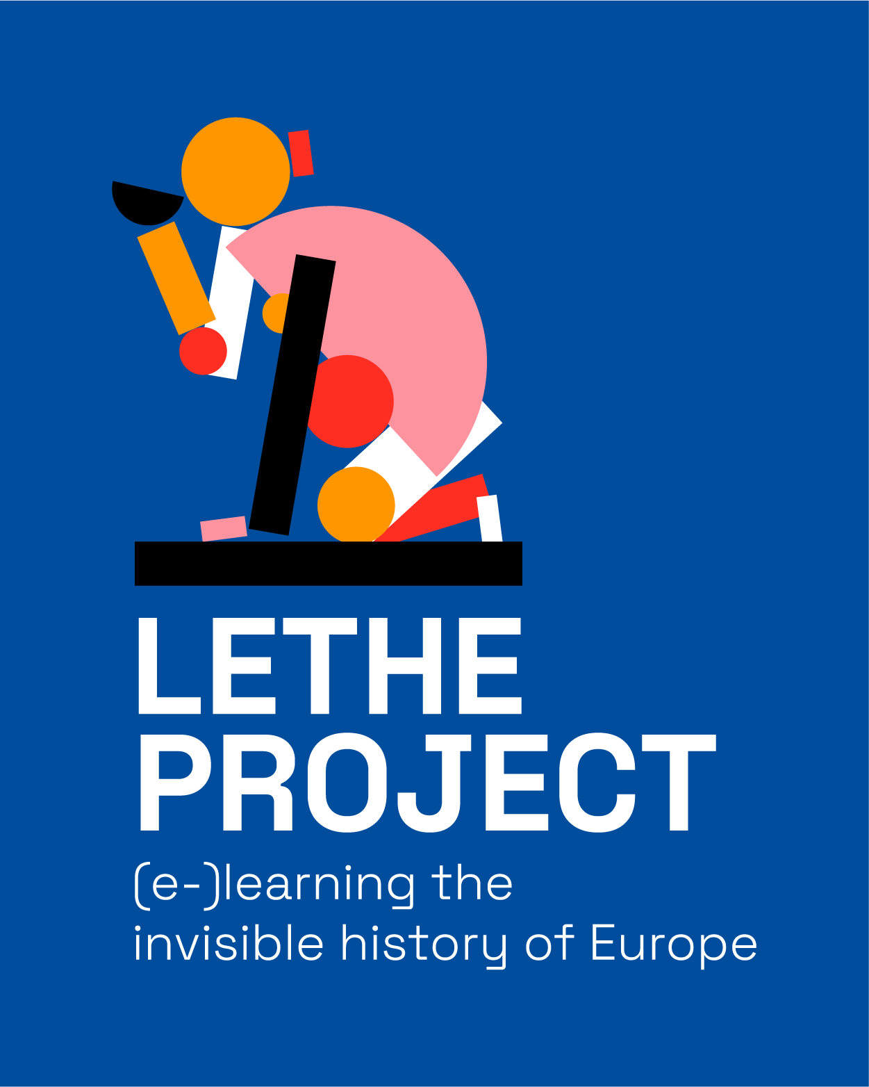Logotipo del proyecto LETHE: deconstruccin de la escultura figurativa de LETHE con fondo azul y acrnimo del proyecto (LETHE)