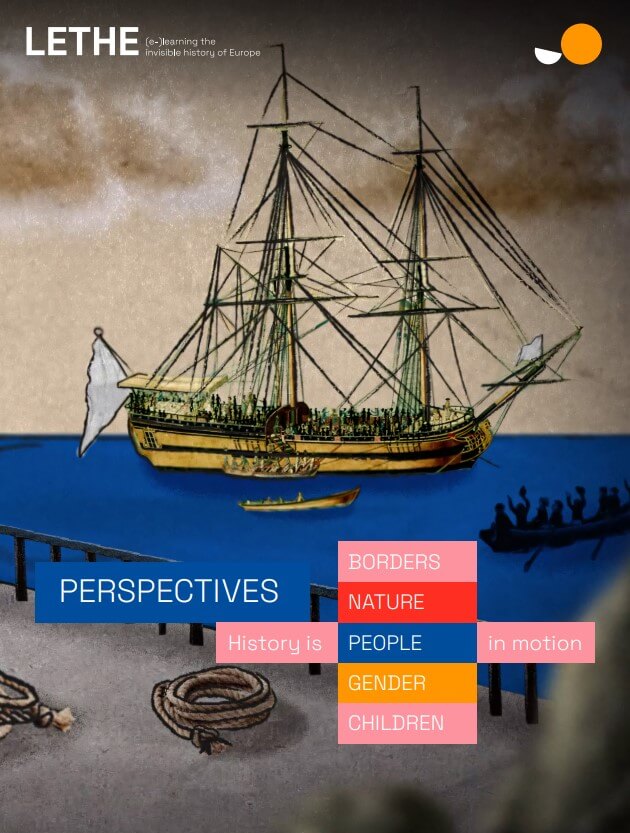 Cartel que recoge una de las ideas clave del proyecto LETHE (perspectiva). Un barco al fondo simboliza la multiplicidad de voces que pueden estar implcitas en cualquier acontecimiento histrico.