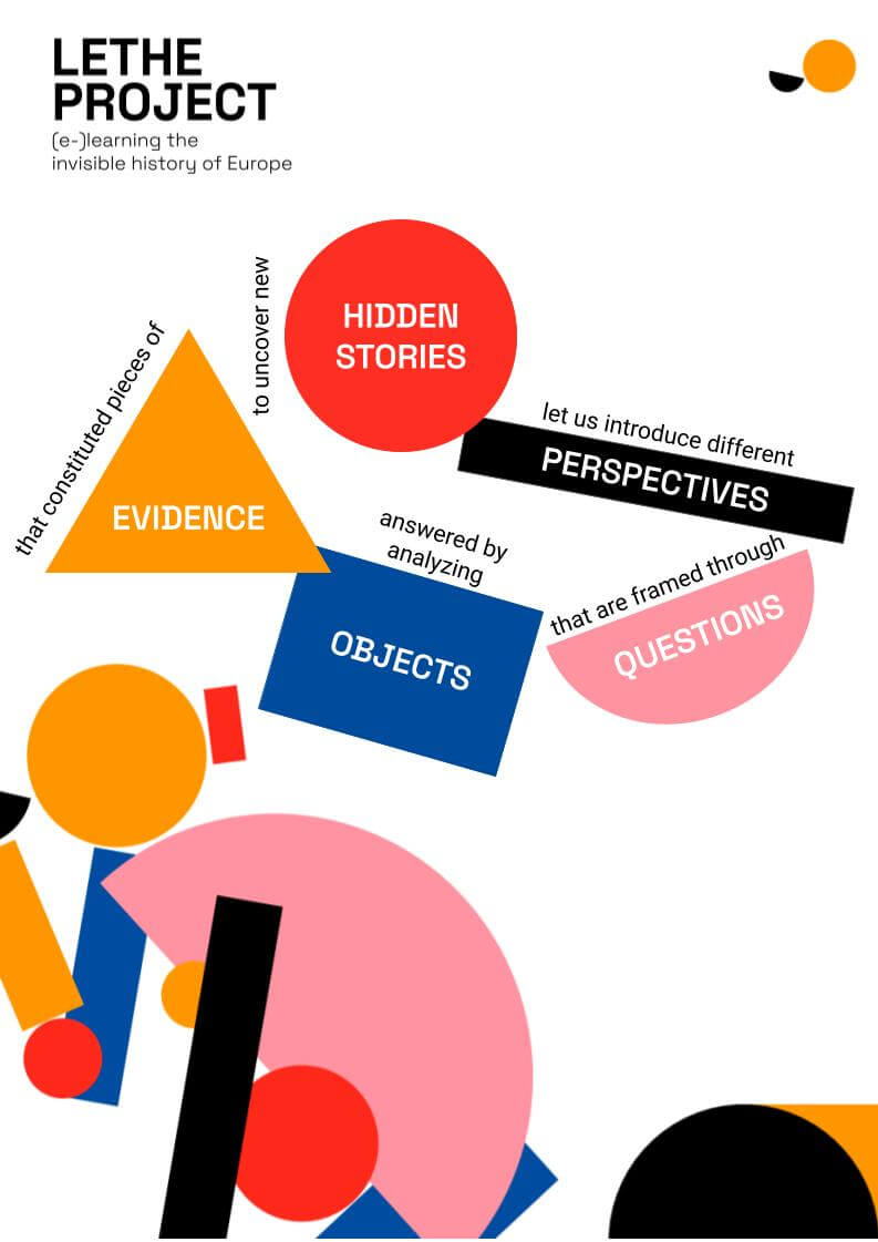 Portada que compila las 5 palabras clave del proyecto LETHE: Historias ocultas, perspectivas, preguntas, objetos y pruebas.