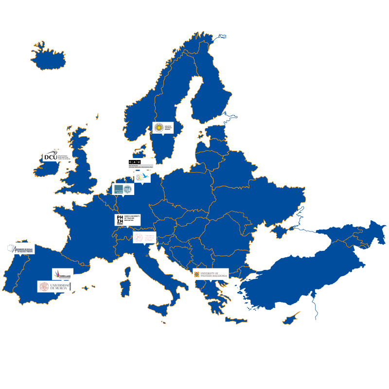 Mapa de Europa de color azul sobre fondo amarillo con los logos de cada una de las entidades colaboradoras en el proyecto Lethe situados en las reas de sus correspondientes pases