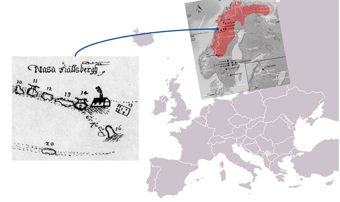 Mapa que representa el territorio sami y las minas de plata escandinavas, junto a detalle del plano de las minas de Nasa